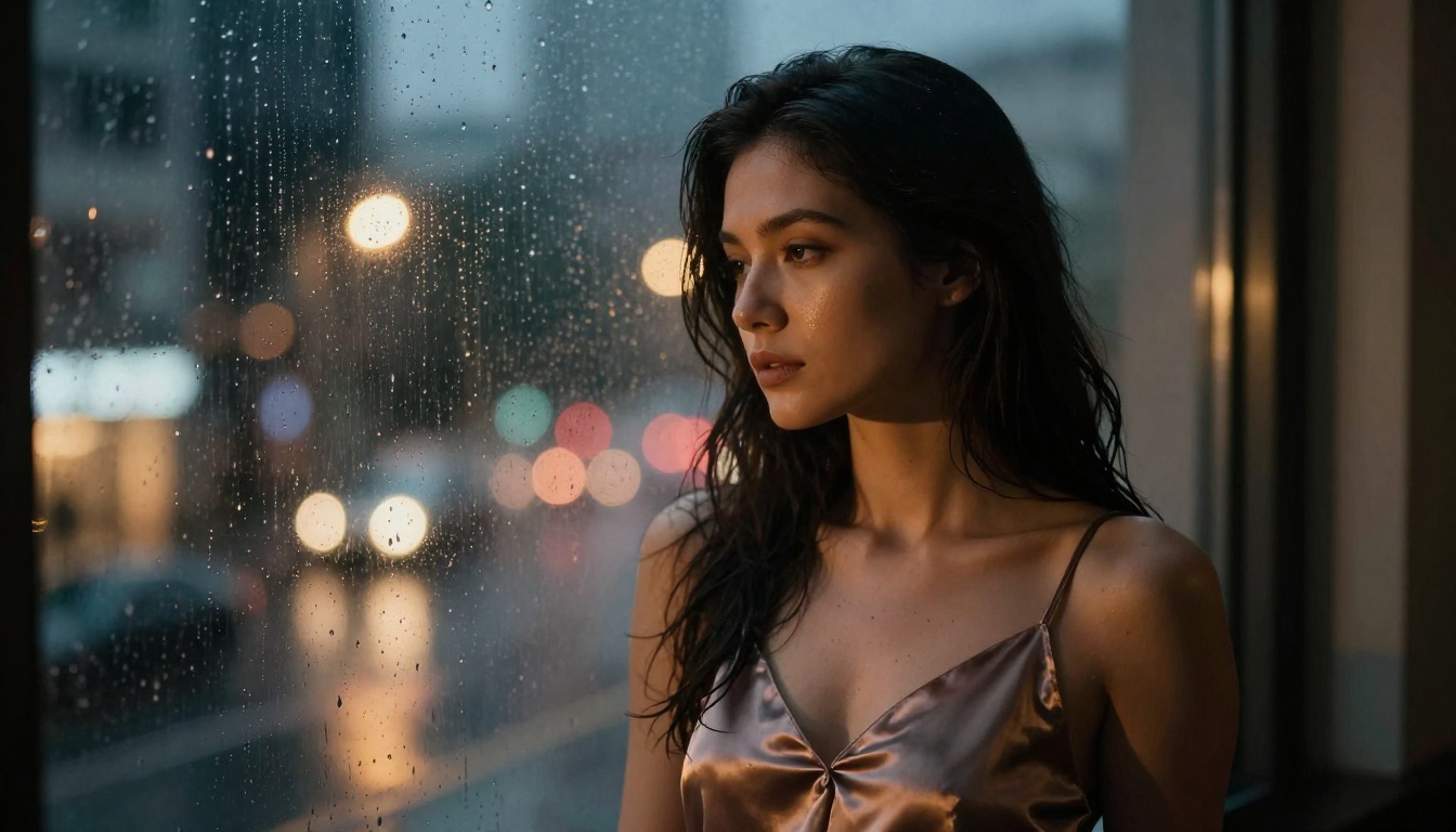 Woman in satin slip dress by rain-streaked window with moody city light at night Woman in satin slip dress by rain-streaked window with moody city light at night