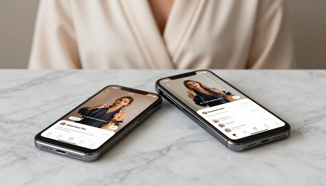 Two smartphones on marble surface showing AI video generation app interface Two smartphones on marble surface showing AI video generation app interface