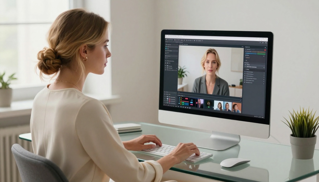 Woman in cream bodysuit at glass desk working on AI video generation Woman in cream bodysuit at glass desk working on AI video generation