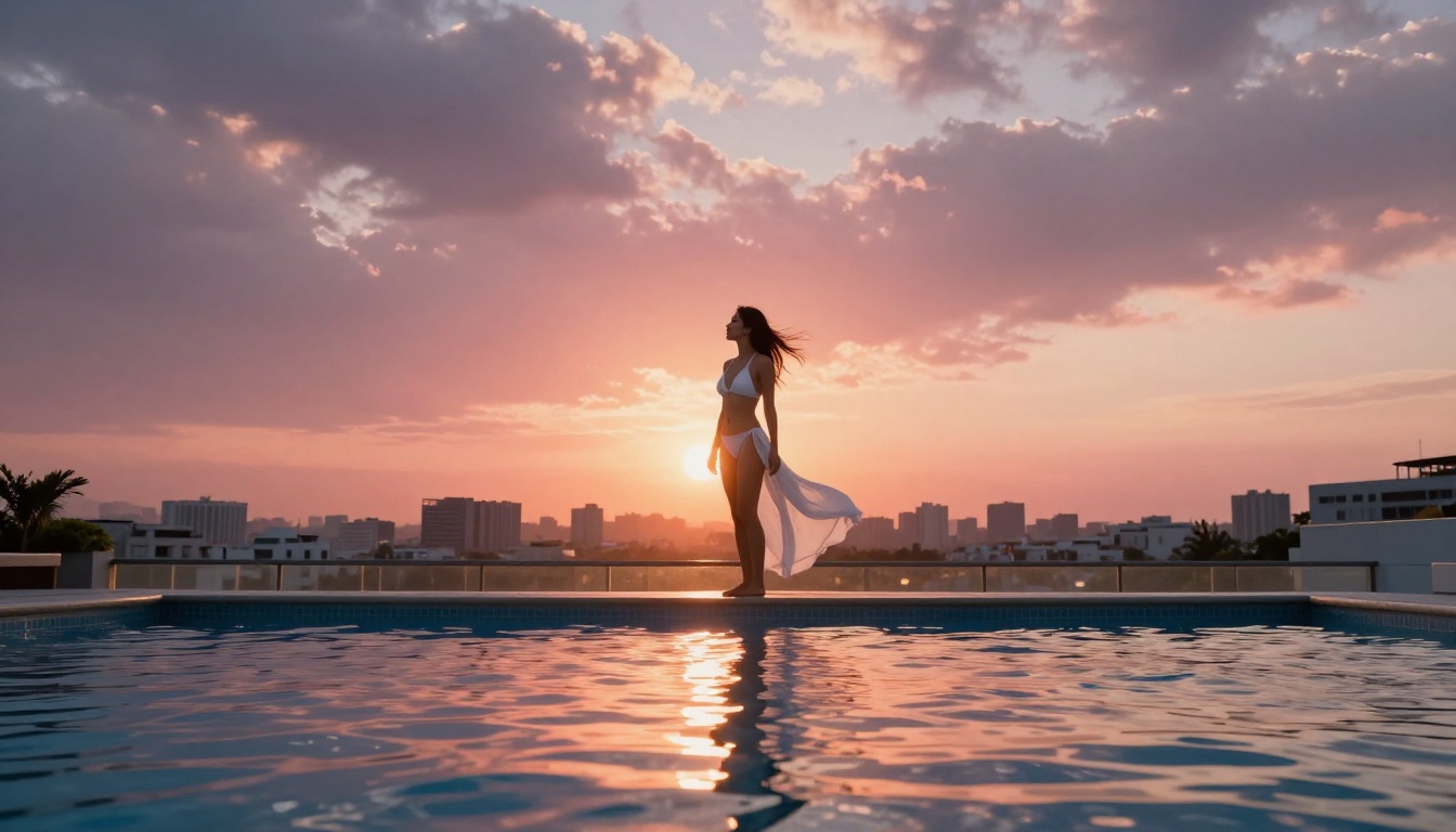Woman in flowing white bikini coverup at rooftop infinity pool during vibrant sunset Woman in flowing white bikini coverup at rooftop infinity pool during vibrant sunset