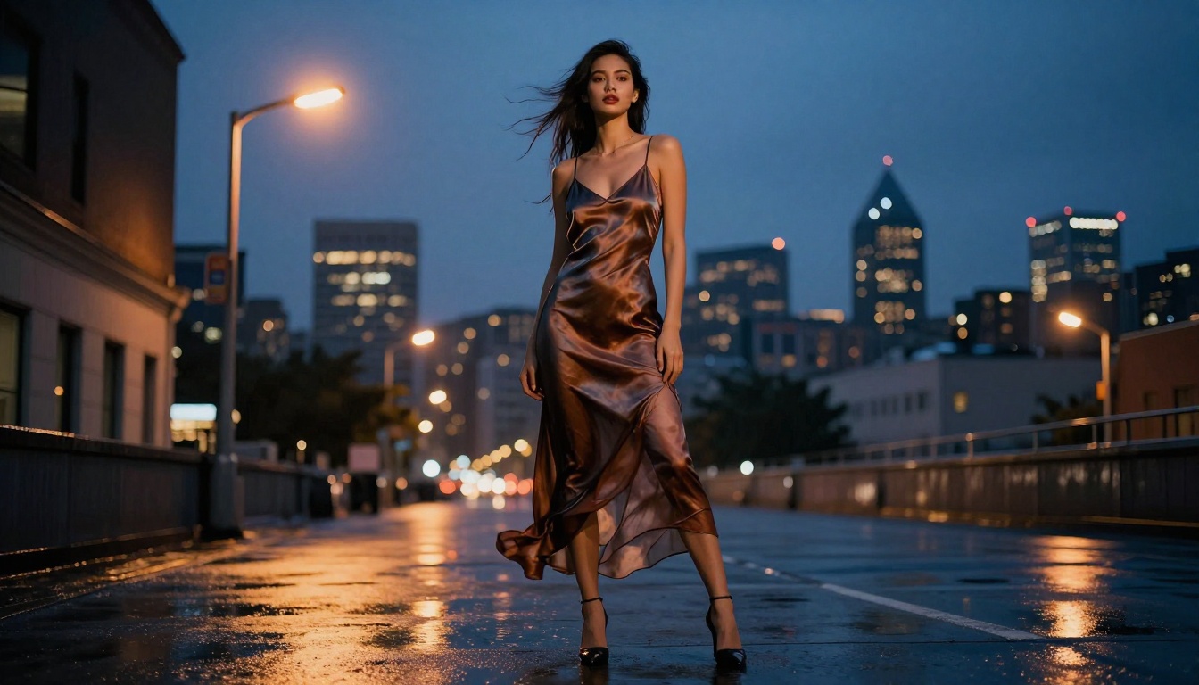 Glamorous woman on rain-slicked city rooftop at dusk, sheer silk dress, city bokeh lights behind her