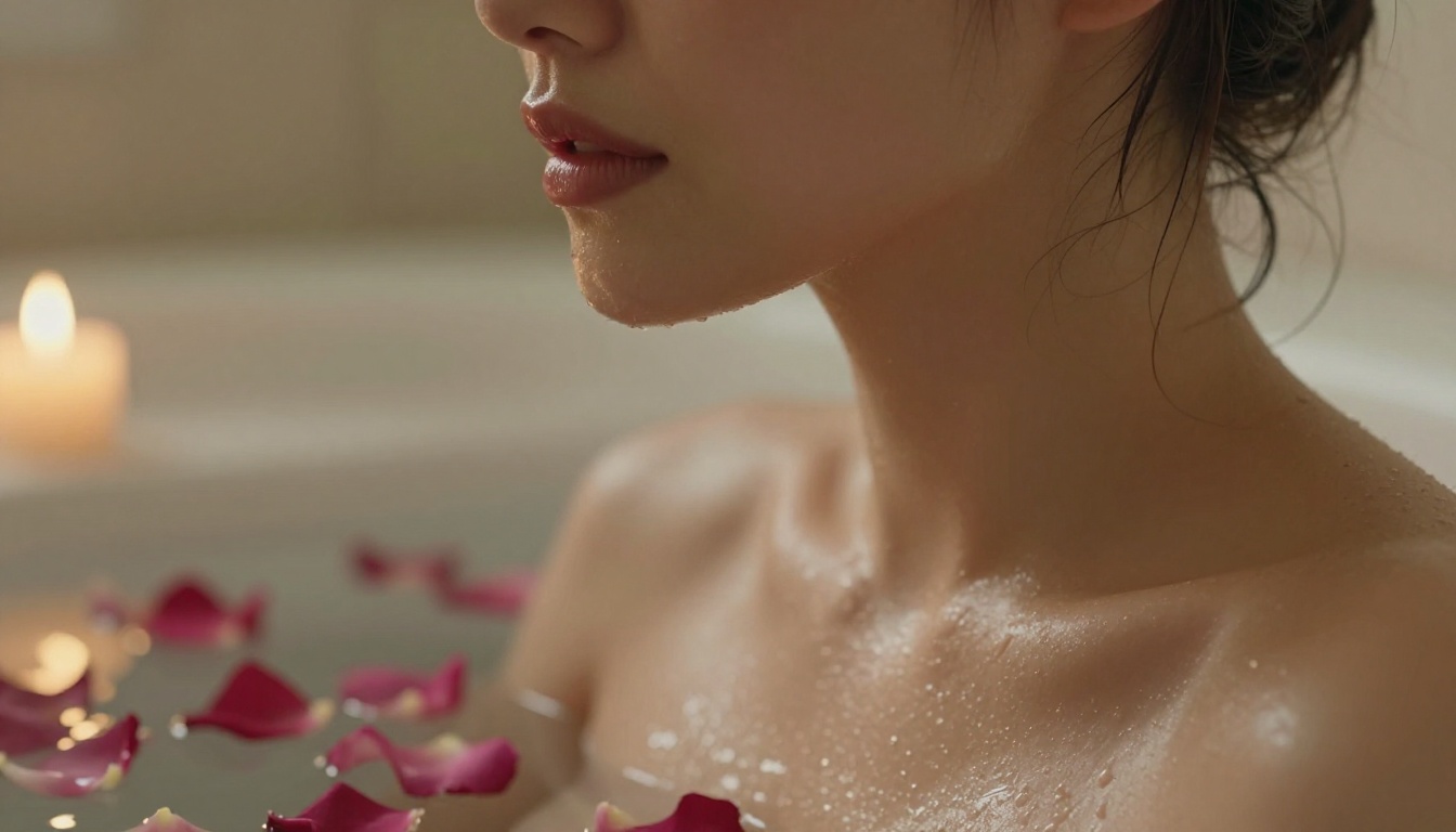 Close-up boudoir portrait with rose petals, candlelight highlights on skin, ultra-detailed texture