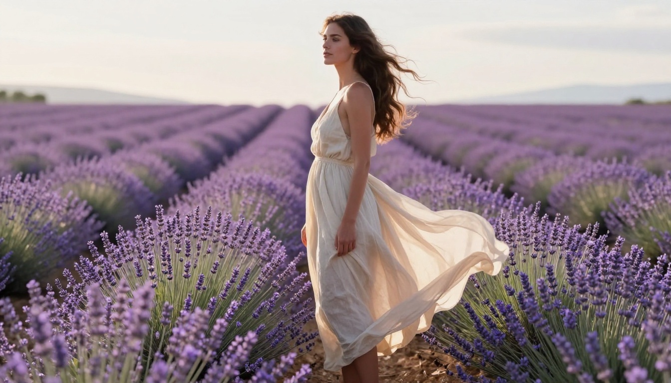 Woman in cream linen dress in sunlit lavender field, backlit silhouette through sheer fabric, Provence atmosphere