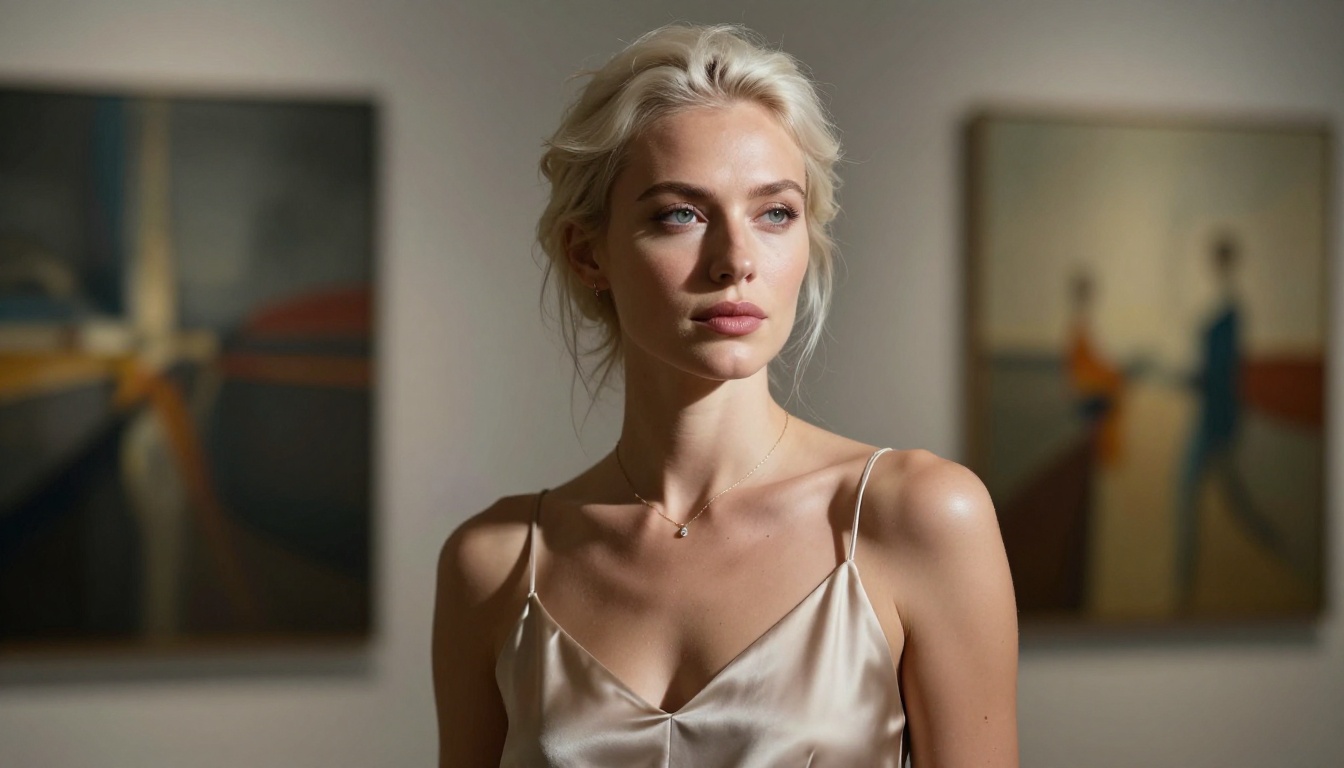 Artistic portrait of confident woman with platinum blonde hair in champagne slip dress in a softly lit art gallery, 85mm shallow depth of field, photorealistic