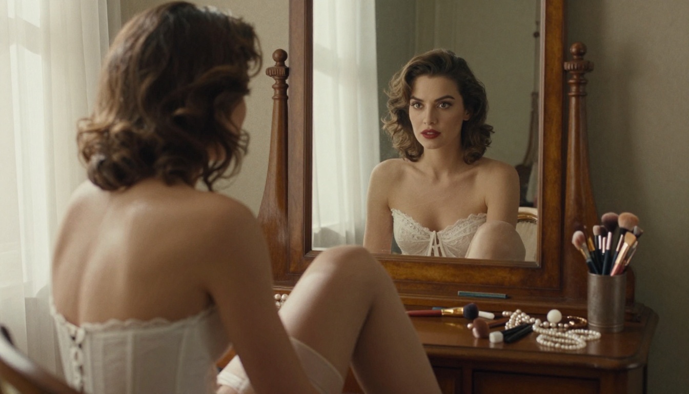 Woman in white lace corset at vintage vanity mirror, warm morning light through sheer curtains