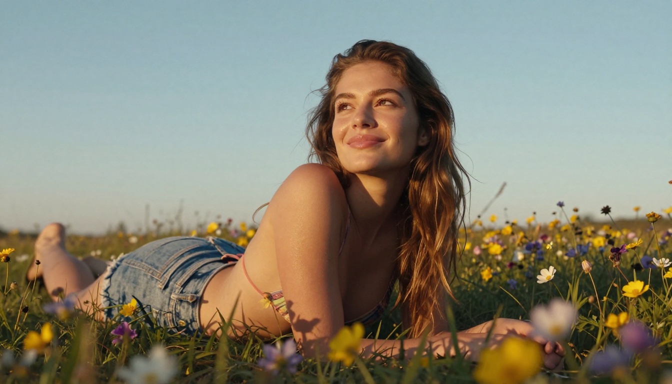 Beautiful woman in bikini top and denim shorts lying in wildflower meadow, golden hour side light, ground-level shot, natural sun-kissed skin texture, Kodak Portra 400