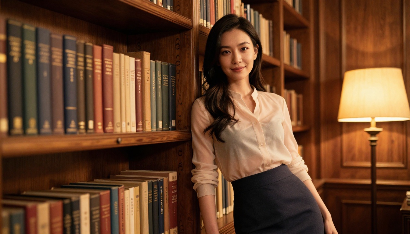 Confident woman in sheer blouse leaning against floor-to-ceiling bookshelf in warmly lit private library, amber reading lamp, eye-level 85mm bokeh, photorealistic