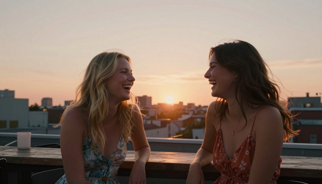 Two friends laughing at a rooftop bar at sunset