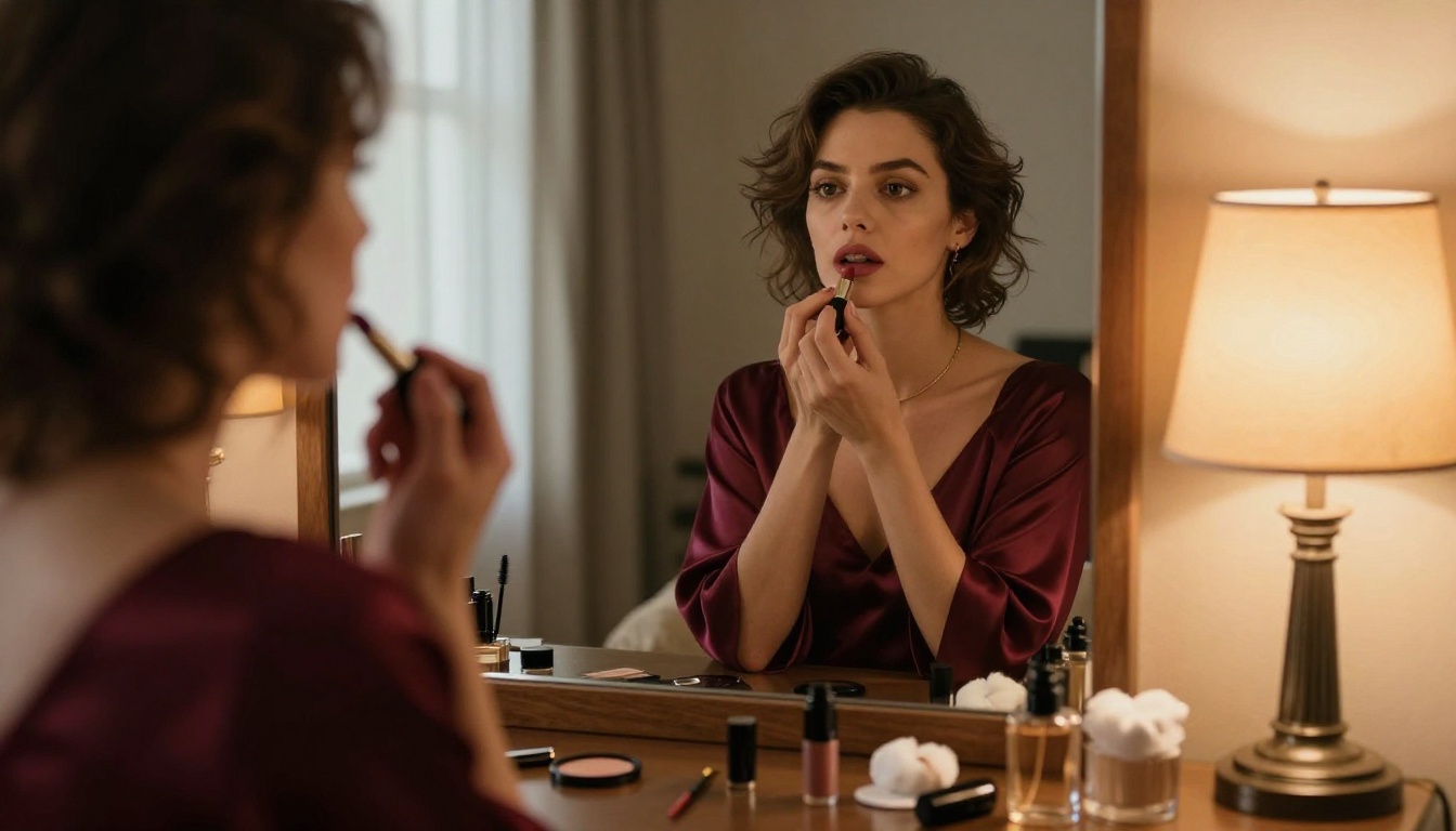 Woman at vanity mirror in silk slip dress, warm amber light