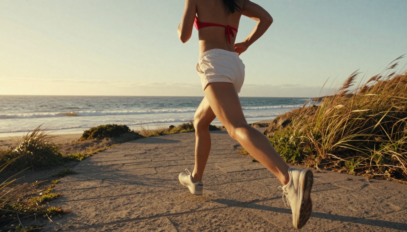 Athletic woman in red bikini top jogging along coastal path at sunrise