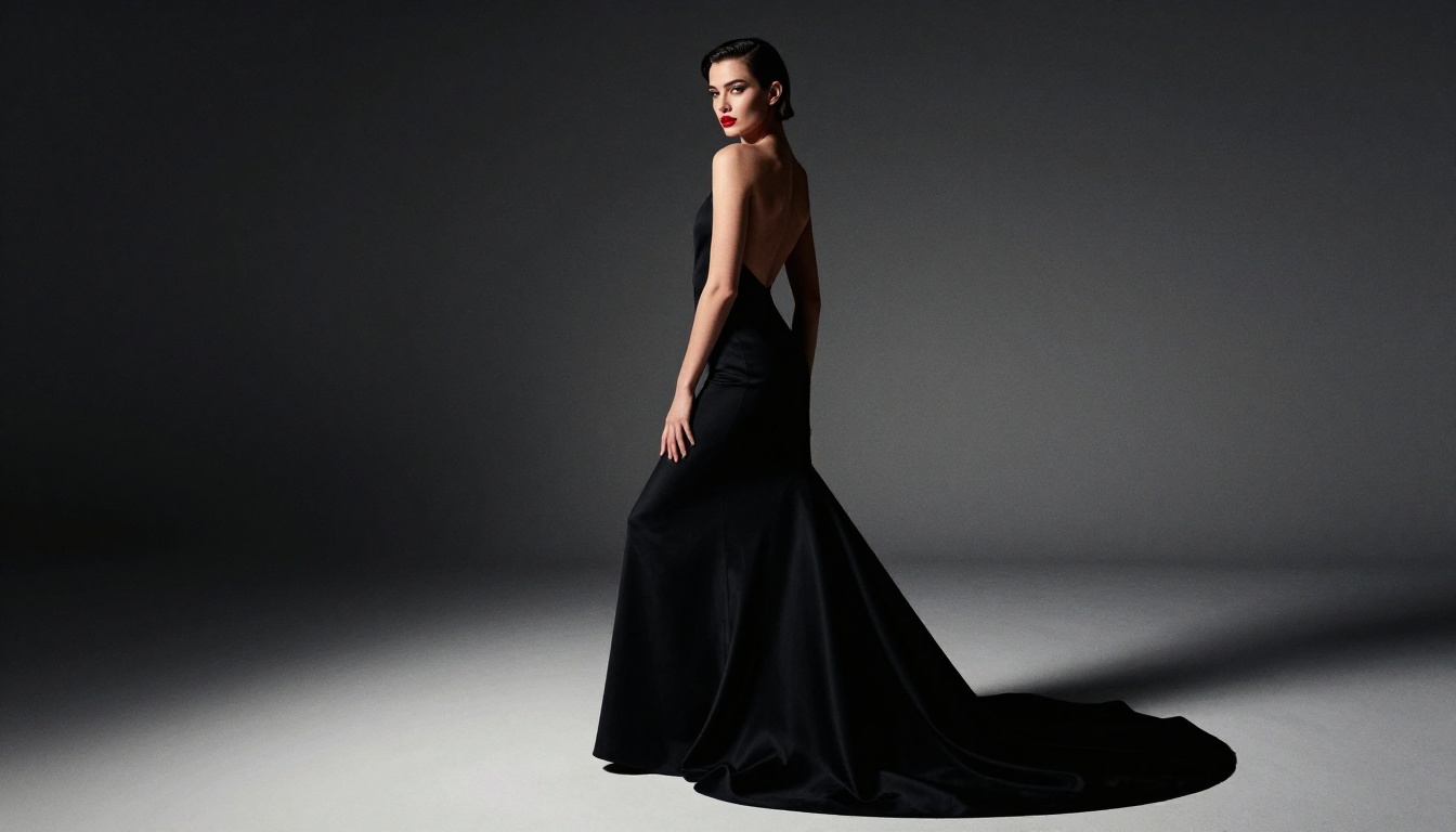Glamorous woman in backless black gown under dramatic spotlight