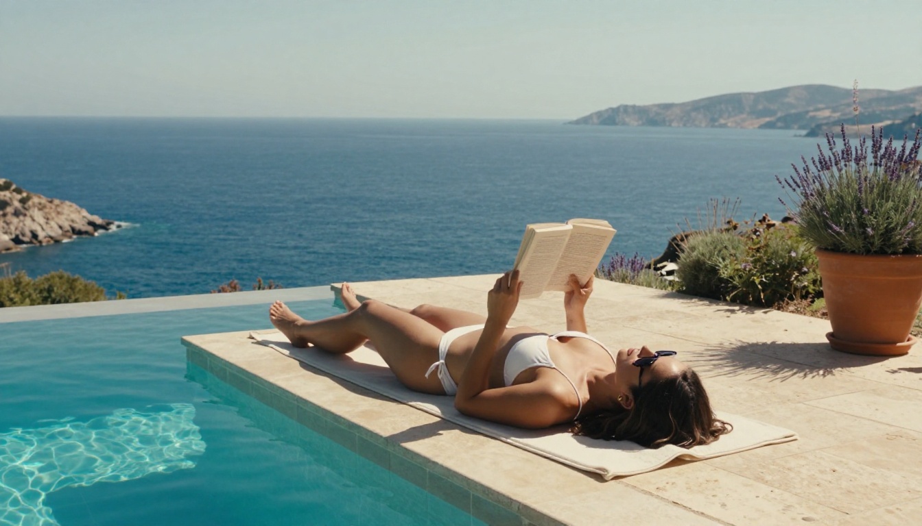 Two women by infinity pool overlooking Mediterranean at noon