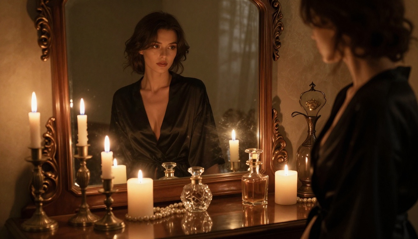 Woman in black silk robe at candlelit art deco vanity mirror, boudoir photography RAW 8K