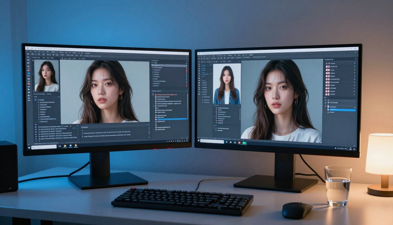 Modern dual-monitor AI interface showing image generation workflow, photorealistic workspace