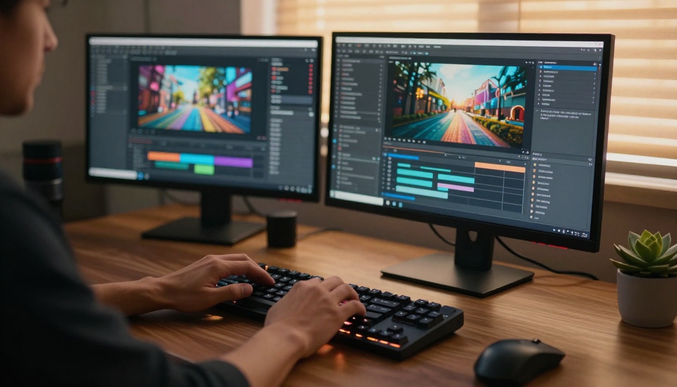 AI video creation workspace with dual monitors and keyboard