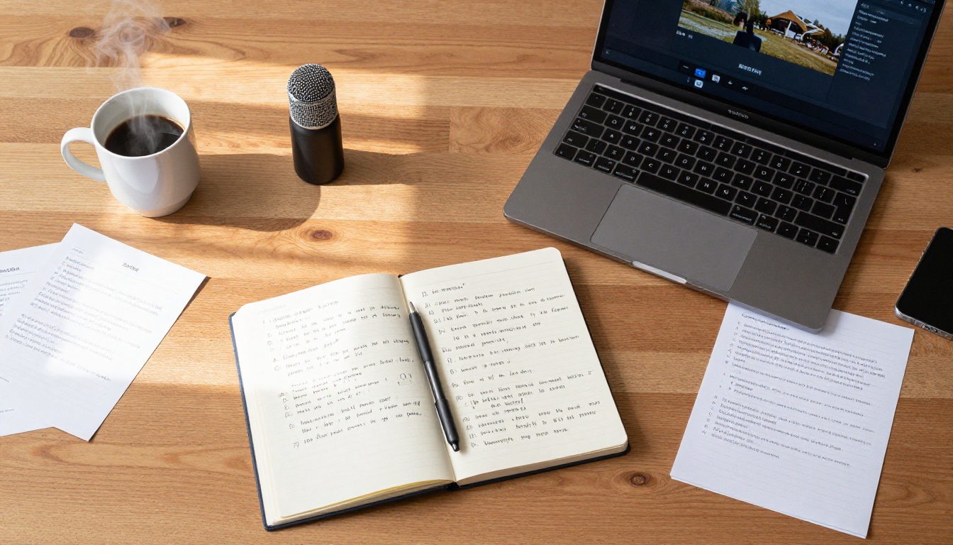 Overhead flat lay of desk with notebook, MacBook, and espresso cup in morning light