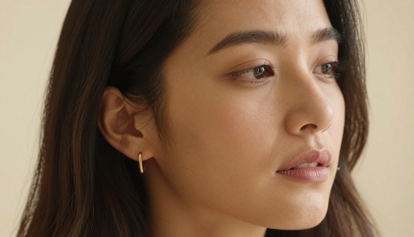 Extreme close-up profile portrait of dark-haired woman with natural window light on skin texture
