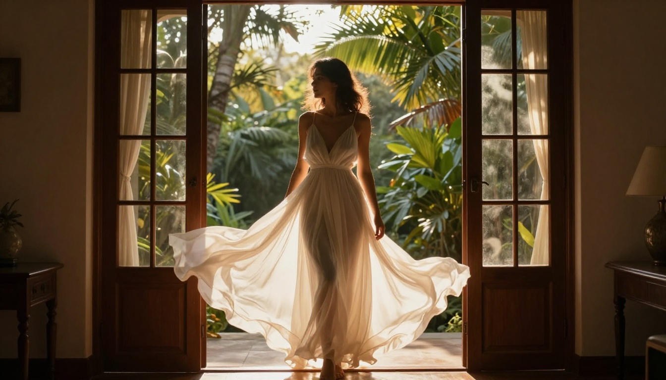 Beautiful woman silhouetted in glowing doorway with tropical garden behind in morning backlight