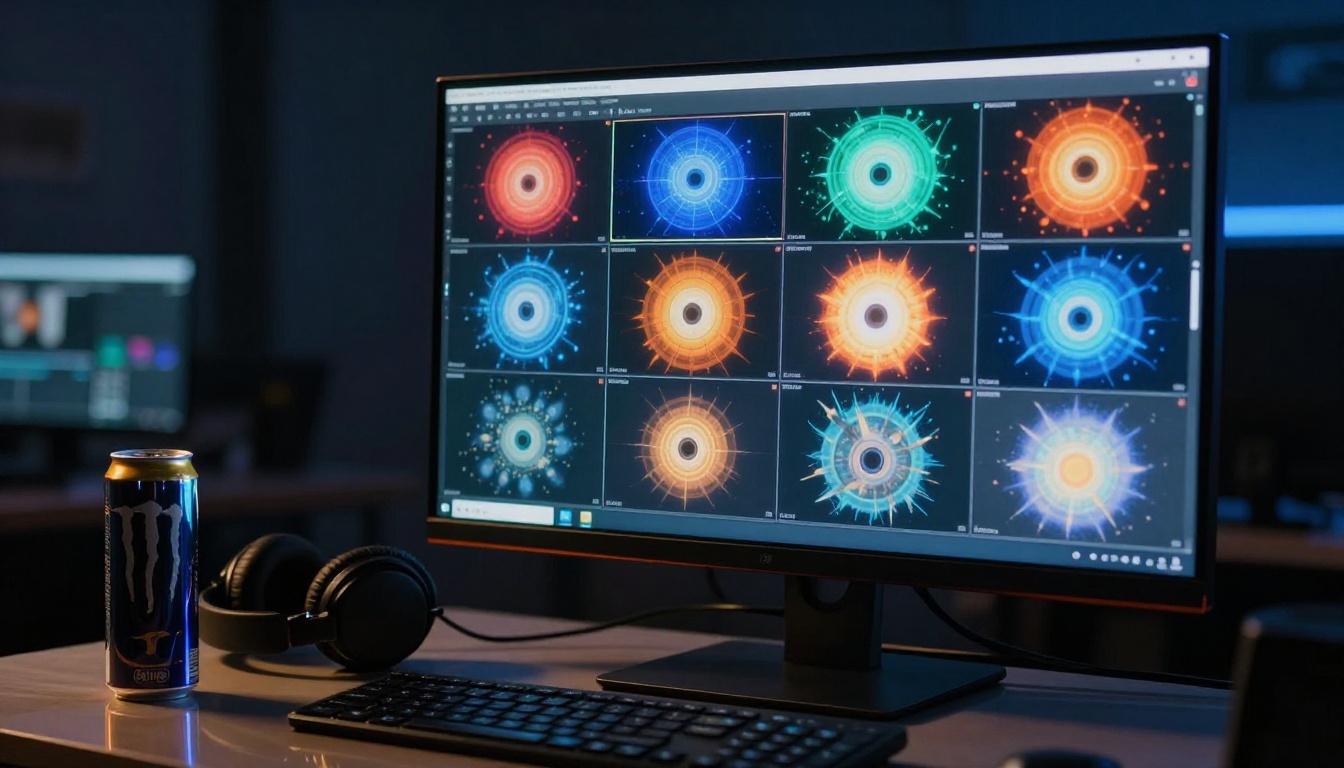 Professional video editor workstation with AI generation grid visible on monitor in dark studio