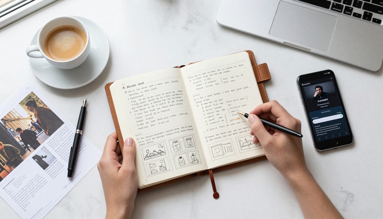 Creative professional holding leather notebook with AI video prompt notes over white marble desk with espresso