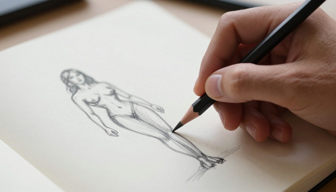 Artist hand drawing pencil sketch on paper