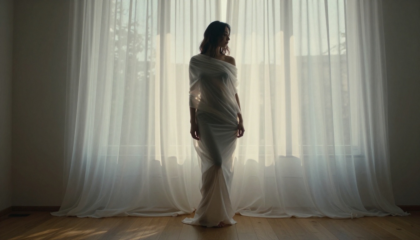 Artistic silhouette woman sheer fabric window light