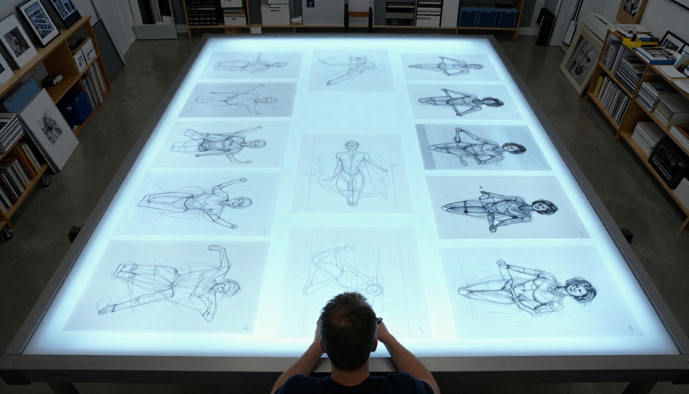 Aerial overhead light table studio art process Aerial overhead light table studio art process