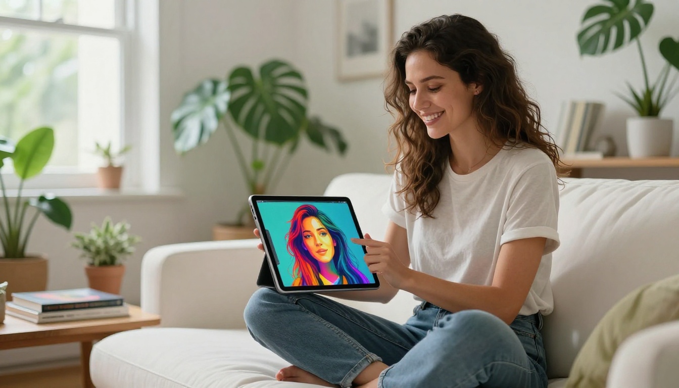 Woman smiling at iPad showing AI generated artwork Woman smiling at iPad showing AI generated artwork