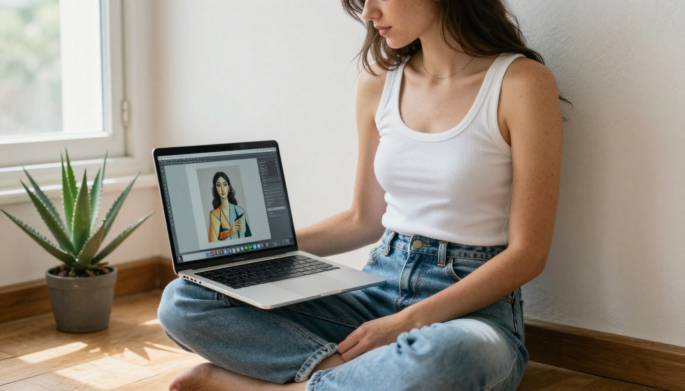 Woman using laptop with PicassoIA interface on screen