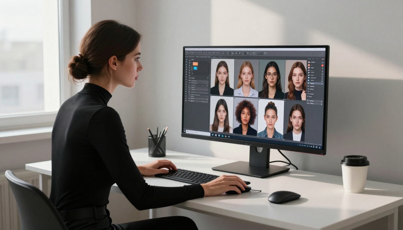 Woman in black bodysuit at desk with AI image grid on monitor