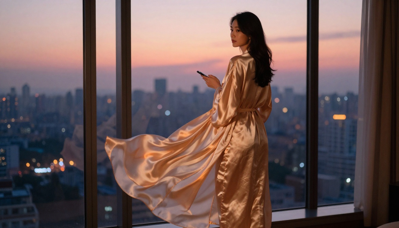 Woman in champagne silk robe at penthouse window at dusk