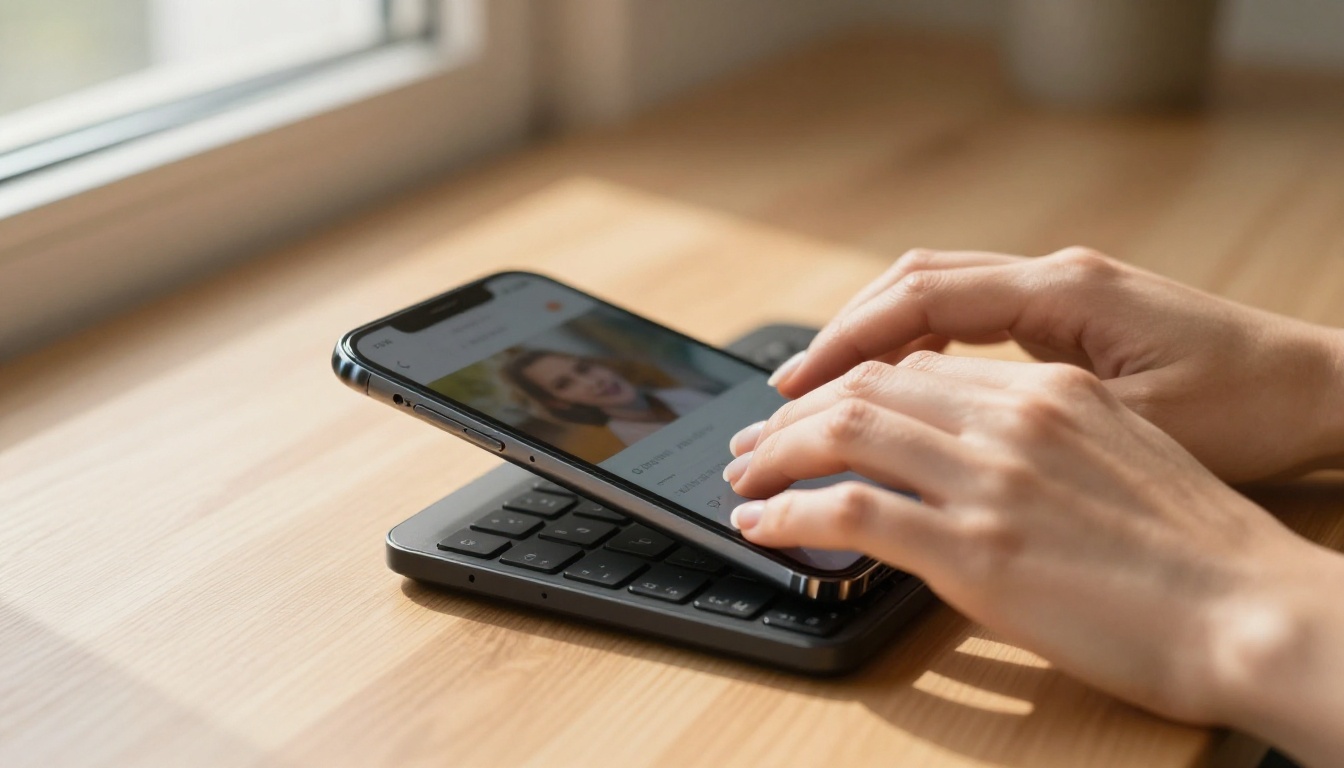 Close-up of feminine hands typing on keyboard with smartphone beside it