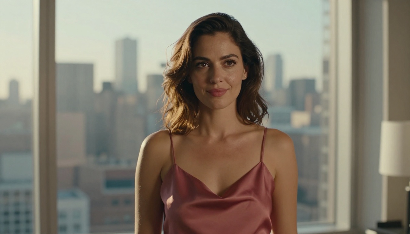 Confident woman portrait in Manhattan penthouse with city skyline