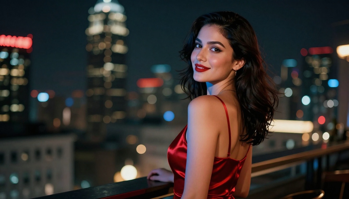 Woman in red satin dress at rooftop bar with blurred city skyline