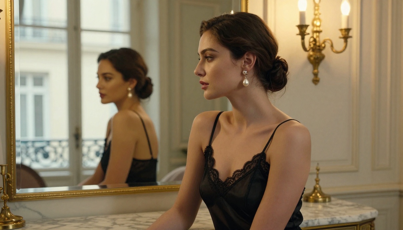 Boudoir portrait in Parisian vanity setting with candle lighting