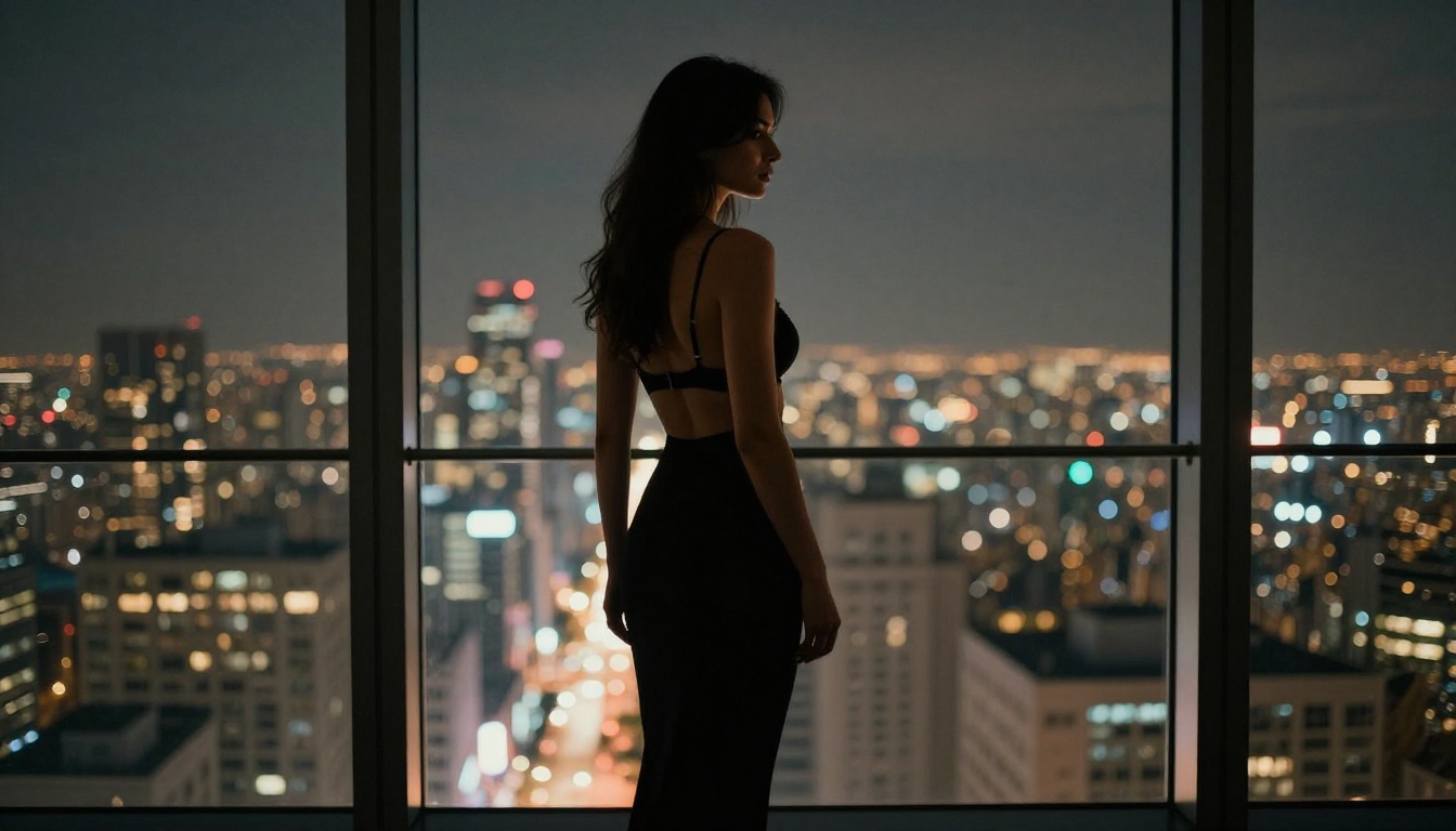 Woman in elegant black lingerie silhouetted at floor-to-ceiling window overlooking glittering city skyline at night