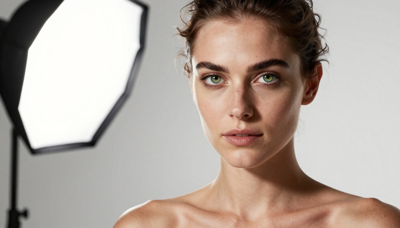 Dramatic studio headshot with Rembrandt lighting, intense green eyes