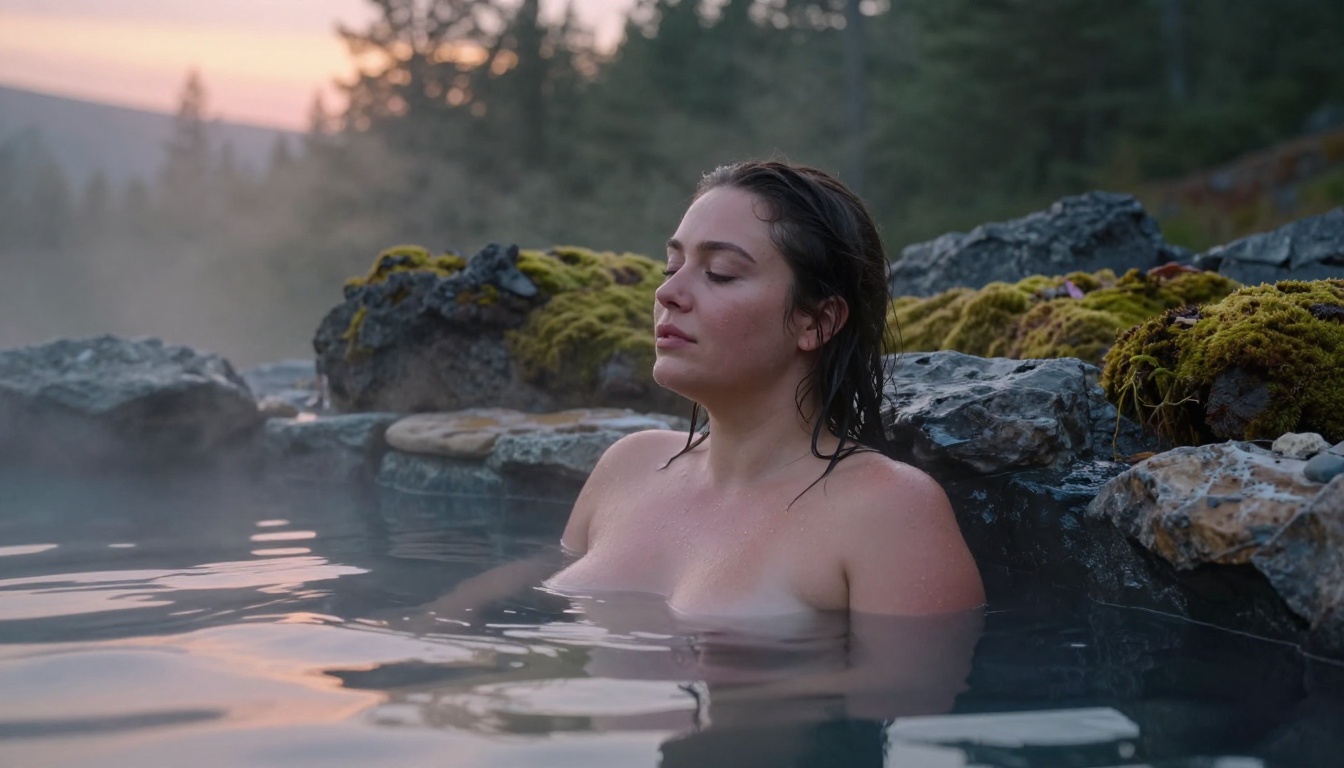 Serene natural beauty portrait in outdoor hot spring pool Serene natural beauty portrait in outdoor hot spring pool