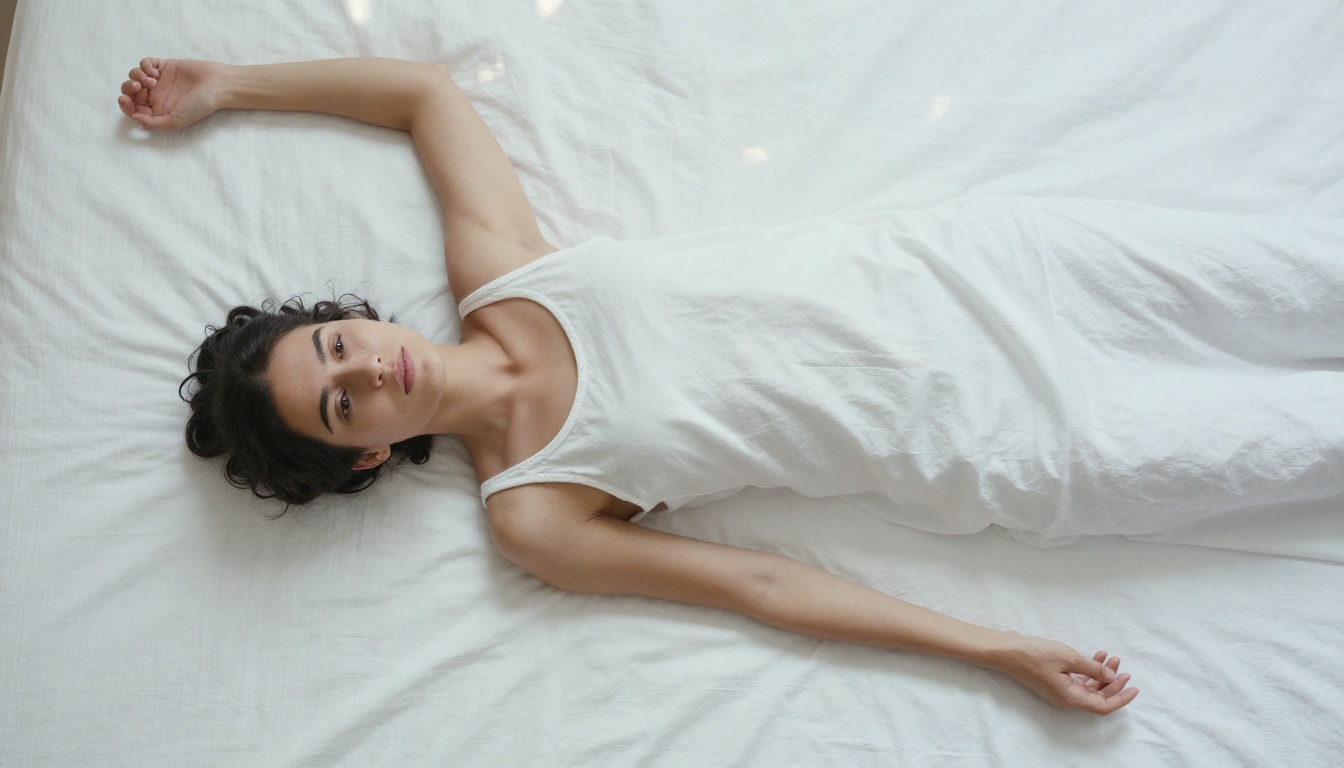 Aerial view of woman reclining on white cotton sheets