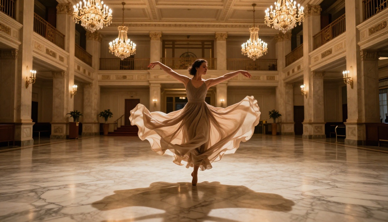 Woman in dynamic contemporary dance pose in a ballroom