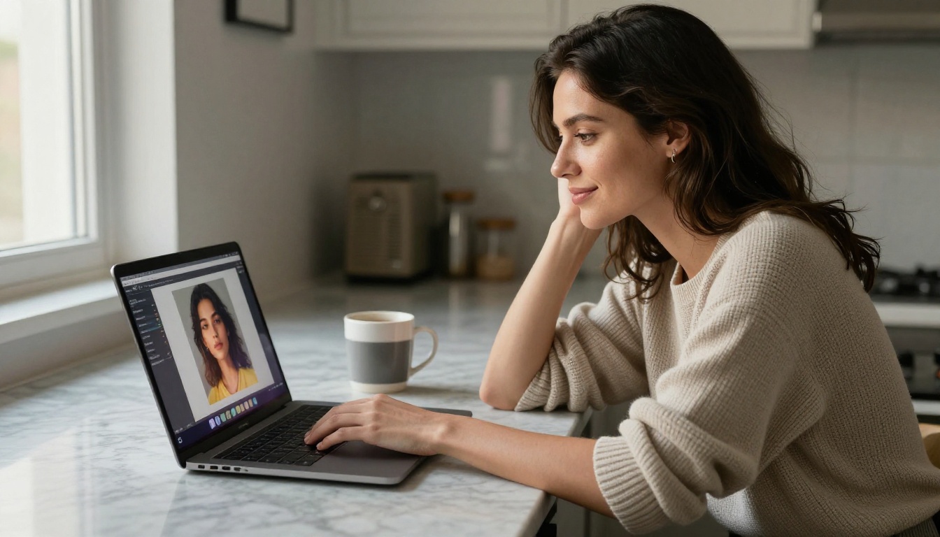 Woman using laptop in kitchen for AI content creation