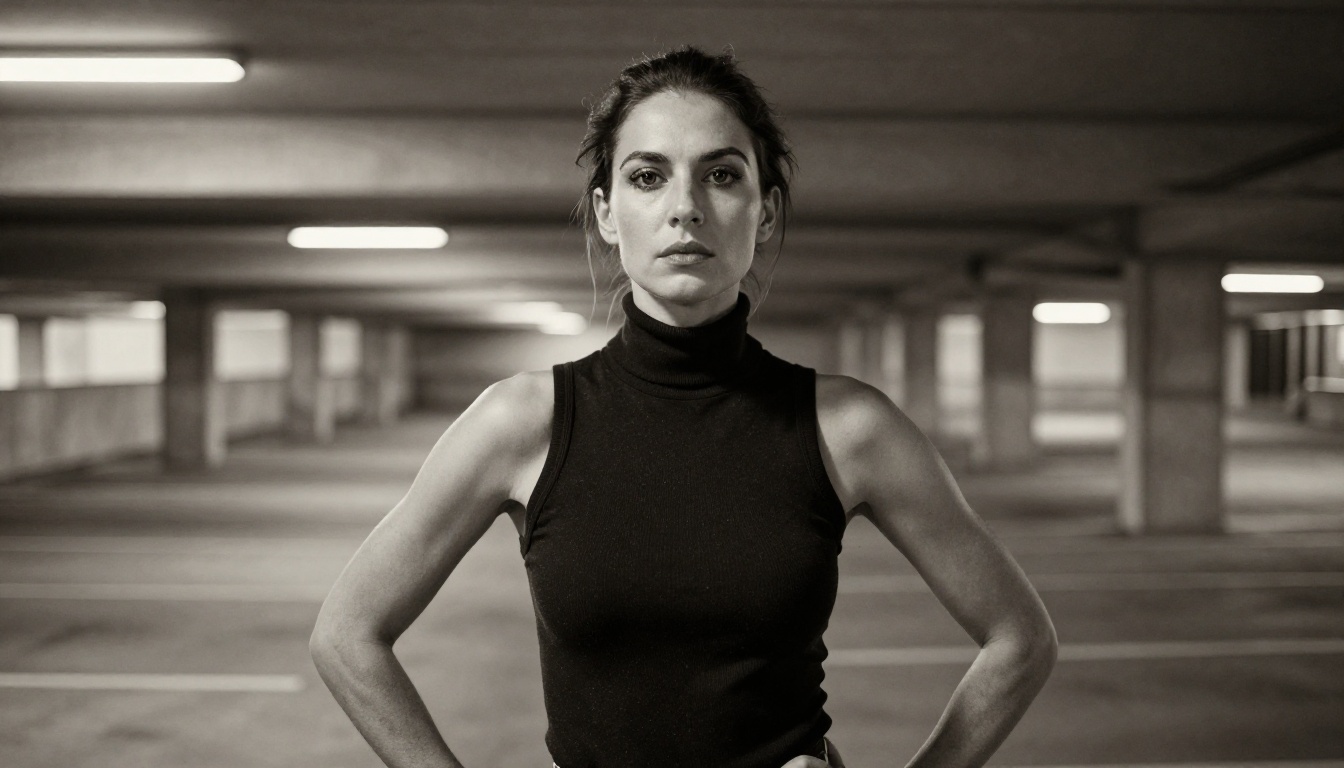 Empowering low-angle urban portrait in industrial concrete setting Empowering low-angle urban portrait in industrial concrete setting