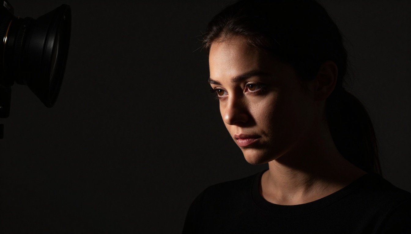 Dramatic chiaroscuro studio portrait with deep shadow