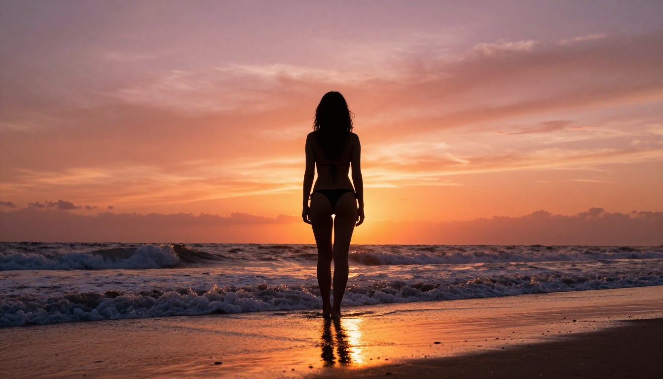 Woman at sunset silhouette standing at ocean edge dramatic sky