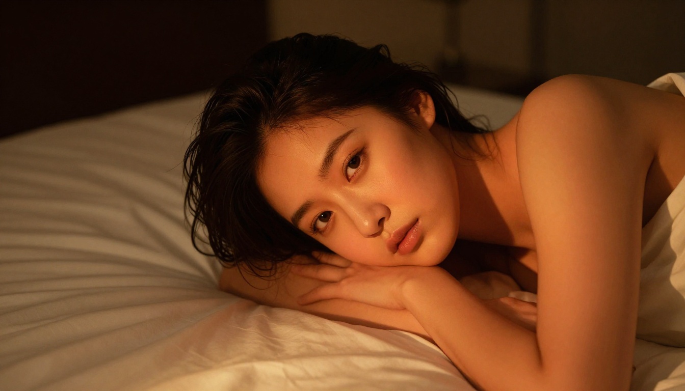 Intimate available-light boudoir portrait on hotel bedding Intimate available-light boudoir portrait on hotel bedding