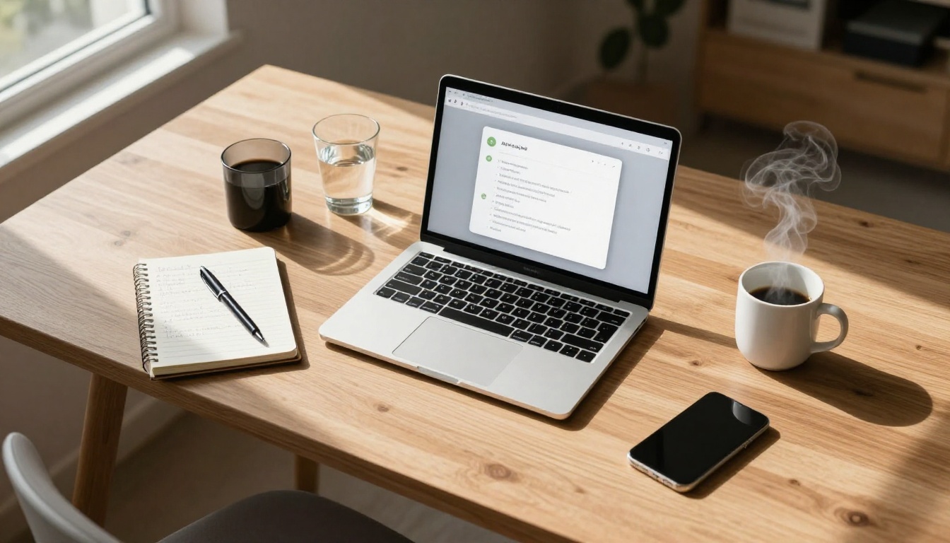 Aerial flat lay of a workspace with laptop and notebook