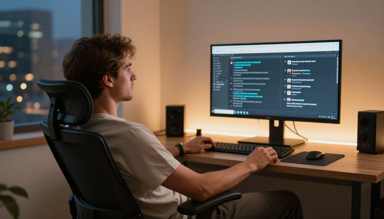 Young man at an ultrawide monitor with multiple AI chat windows