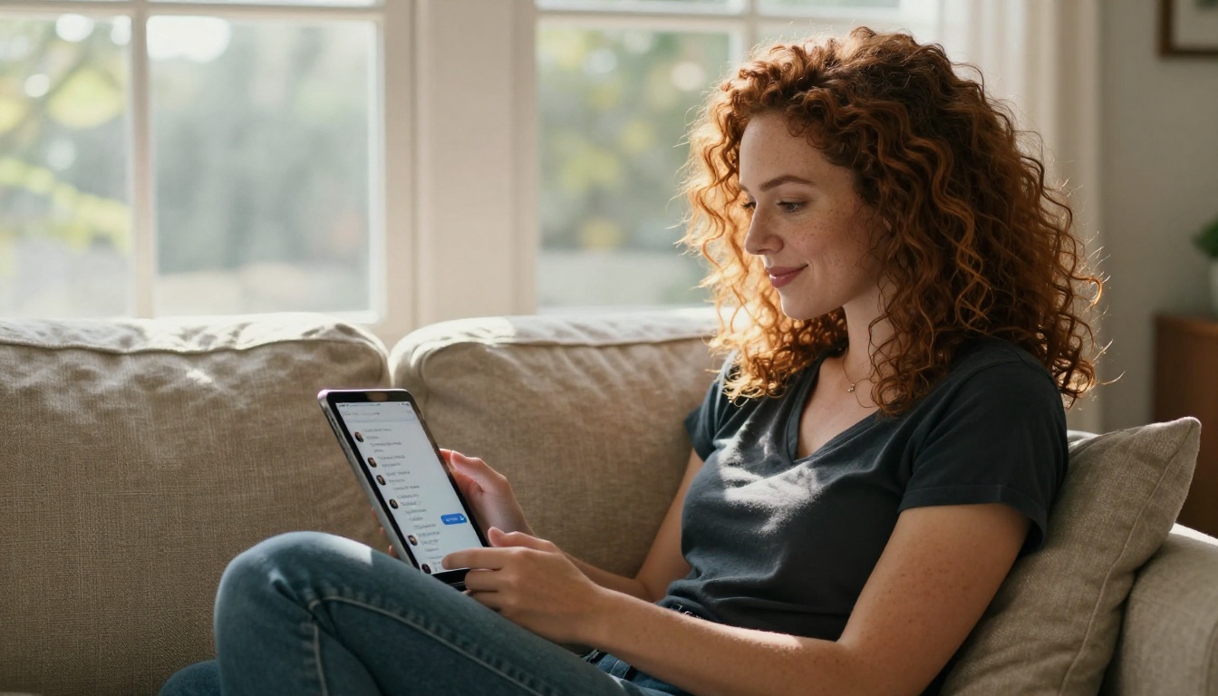 Woman with curly auburn hair on a couch with a tablet showing AI chat