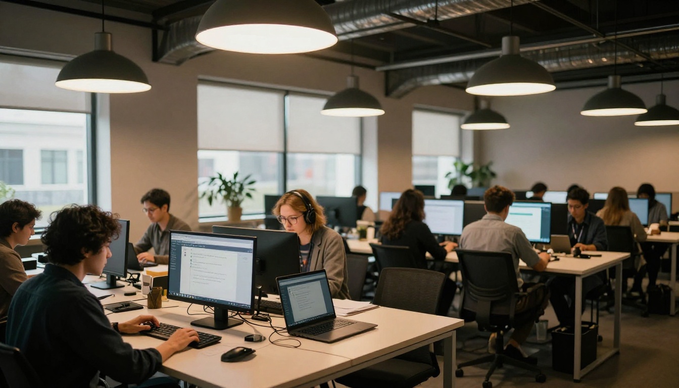 Wide shot of a co-working space with people at laptops