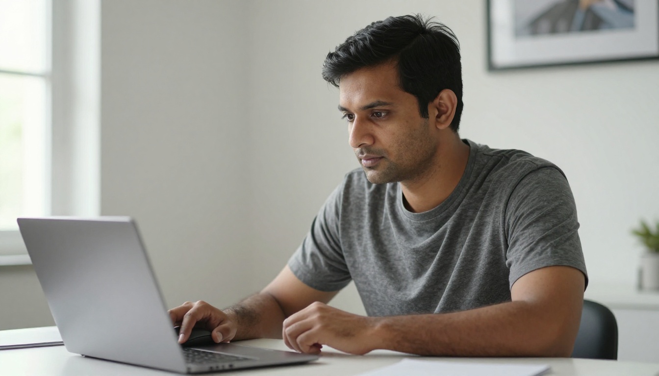 Focused South Asian man at a white desk looking at a laptop